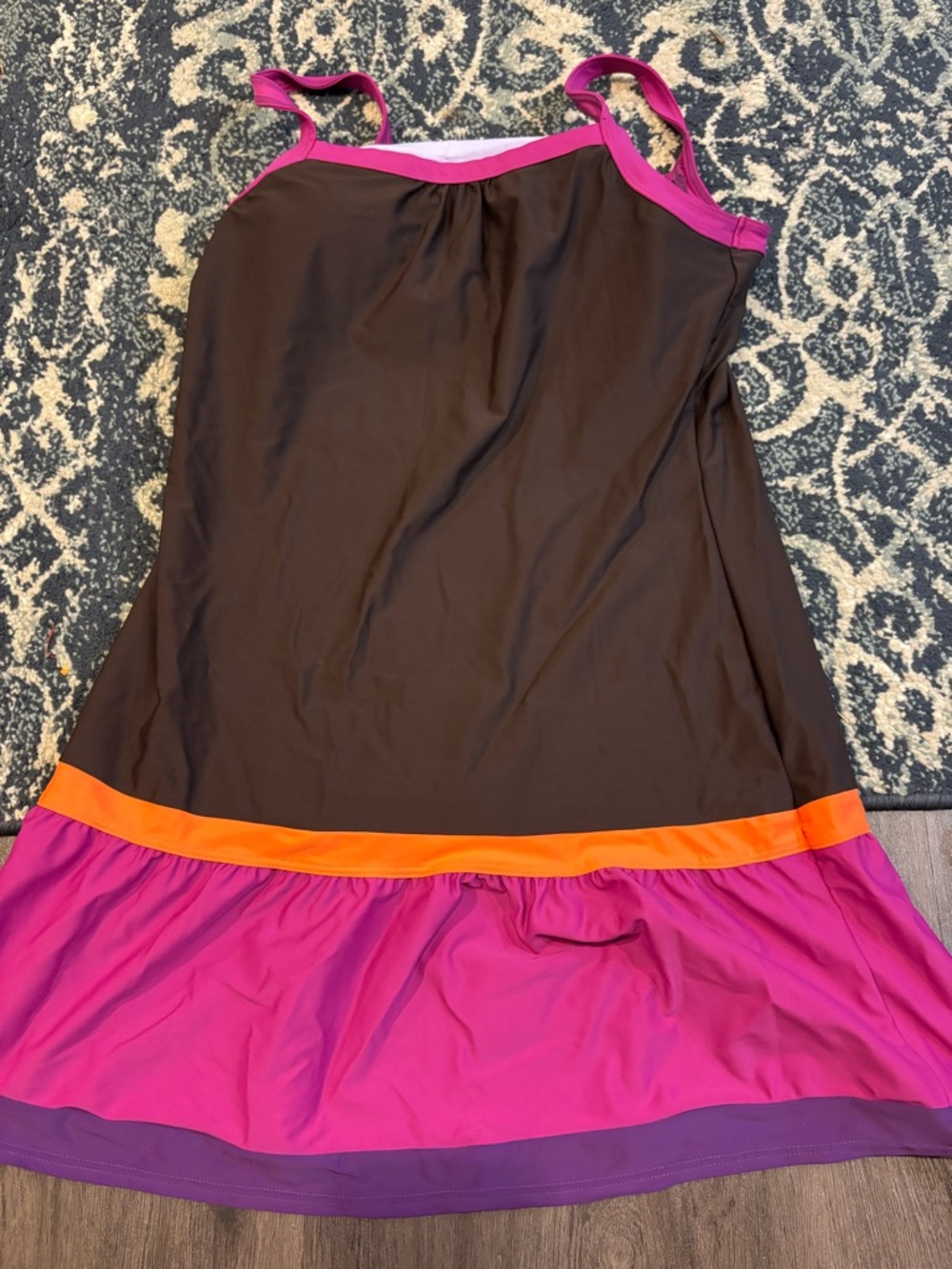 Prana Black One-Piece Swim Dress with Pink, Orange & Purple Trim